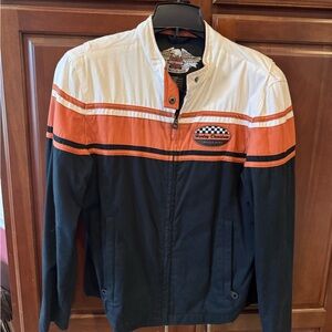 Harley-Davidson Black and Orange Bomber Jacket with Stand-Up Collar